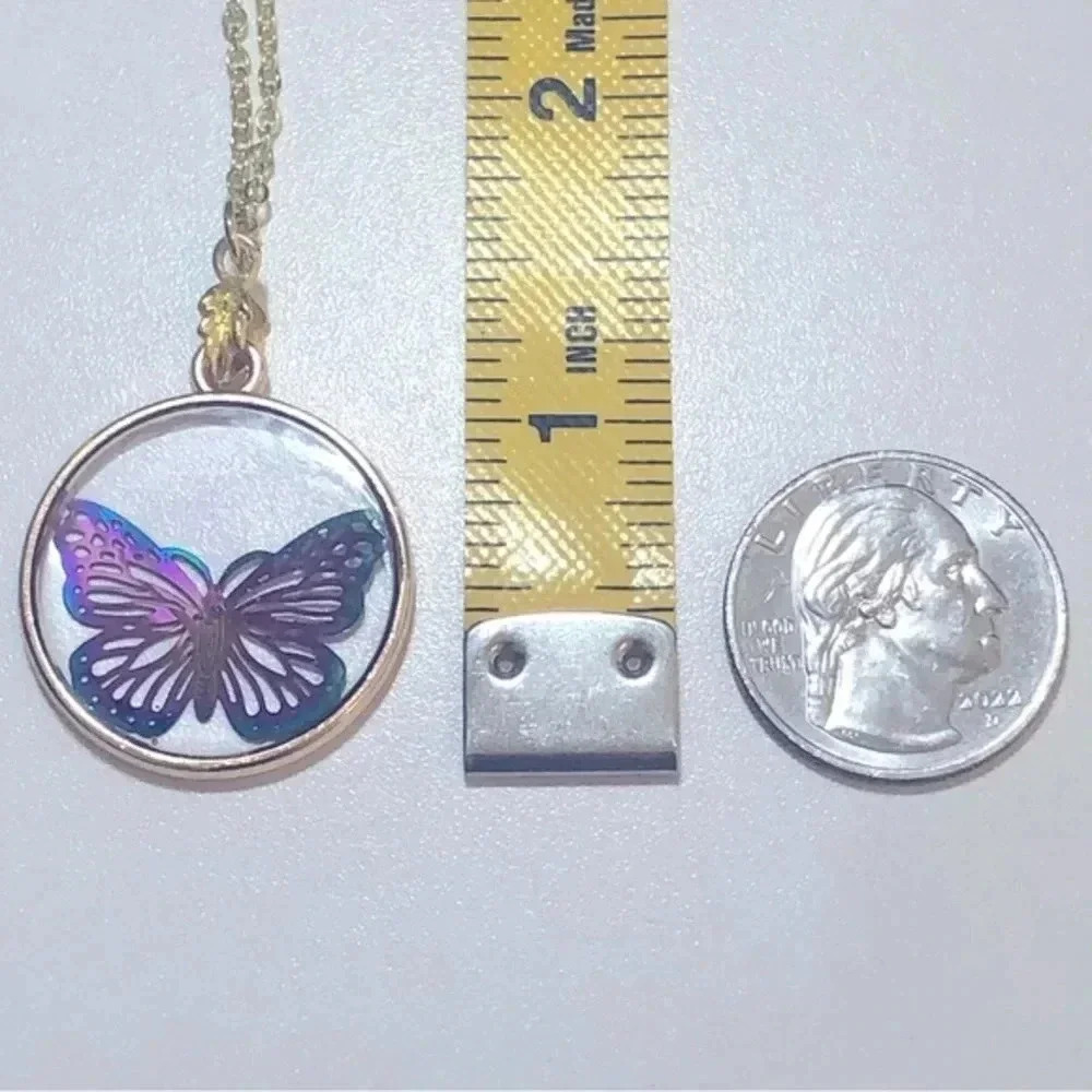 Handmade Oil Slick Filigree Multicolor Butterfly Coquette Gold Necklace New - Picture 2 of 3